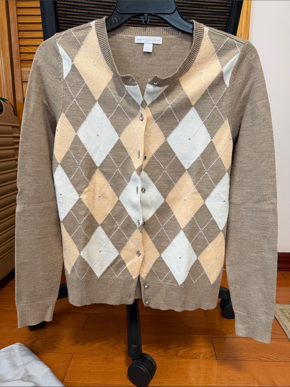 New York & Company Crystal Stud Cardigan Brown & White Small